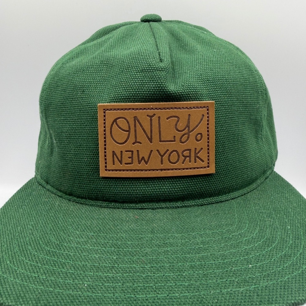 Only‎ NY Mens Green Canvas Snapback Hat Leather Logo Patch Flat Brim Cap NWOT